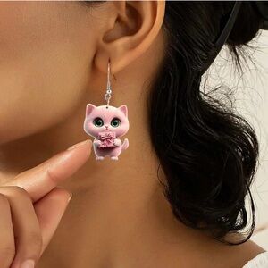 Pink Cat Holding Gift Earrings NIP